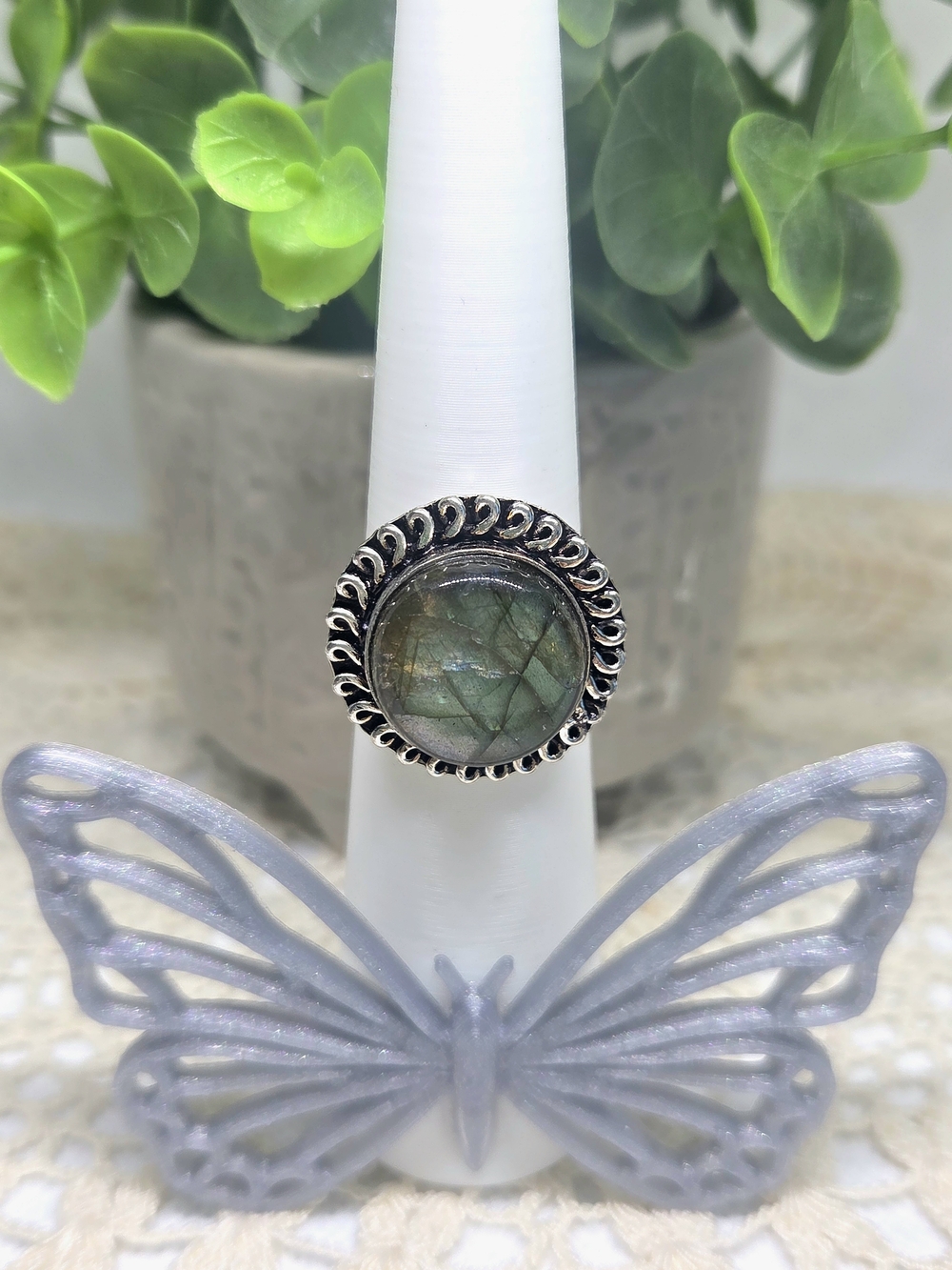 Labradorite Sterling Silver Statement Ring - Green Iridescent